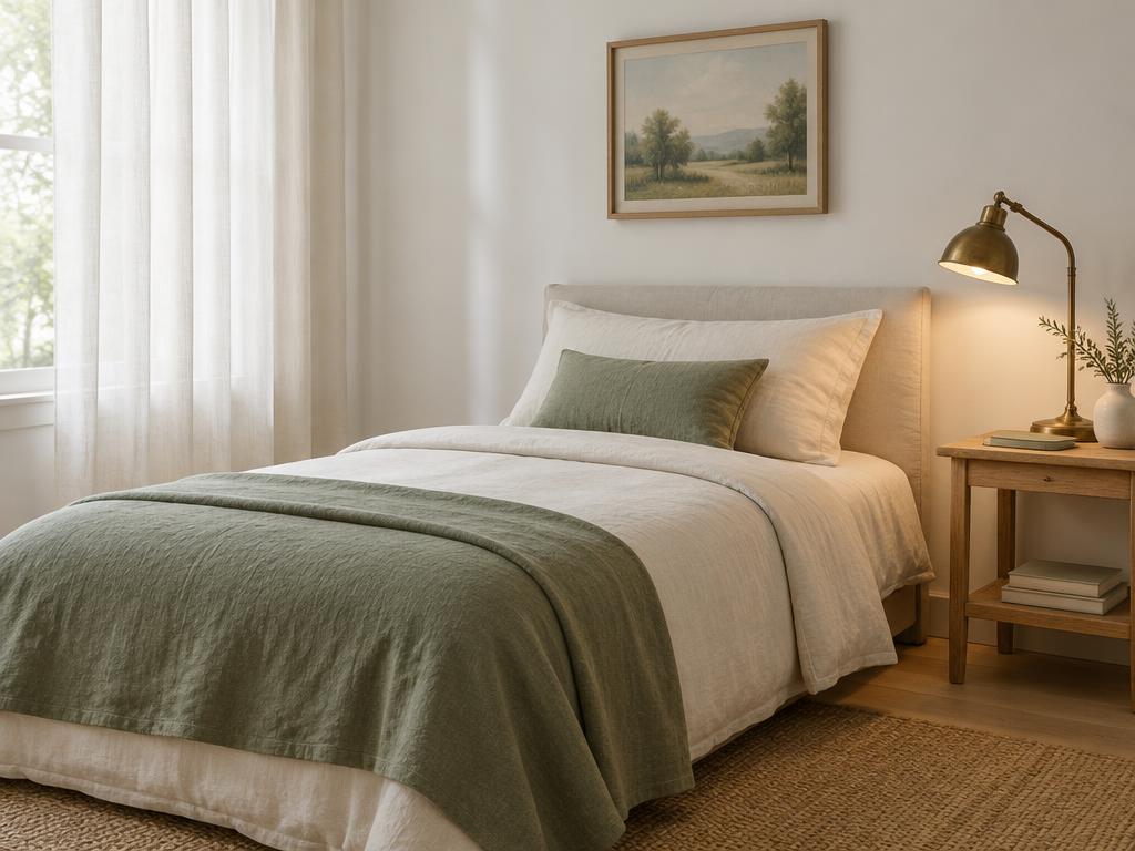 A peaceful bedroom with linen bedding and a sage blanket